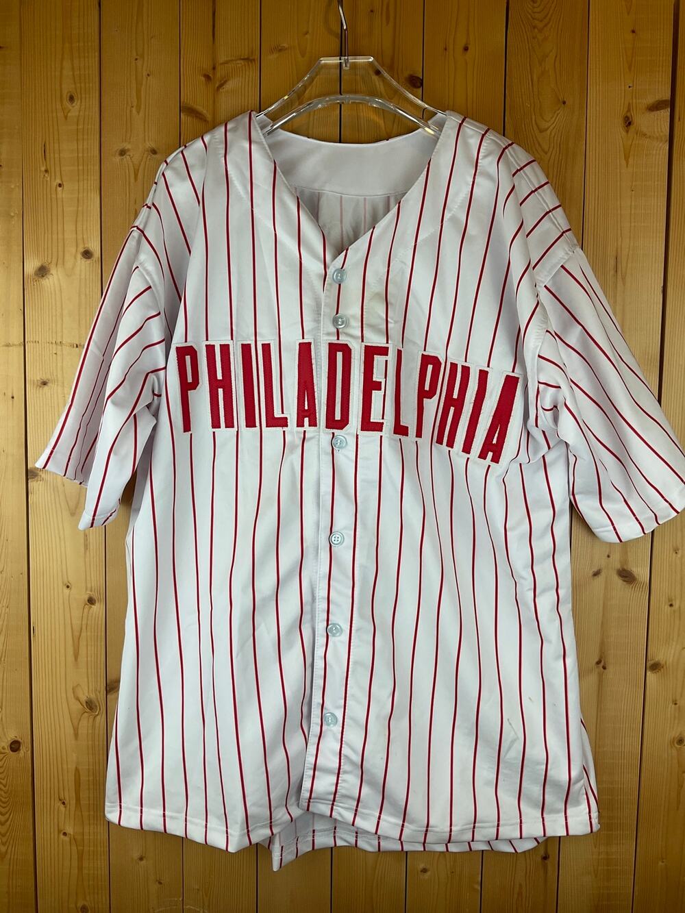 HOFSM Phillies J.T. Realmuto #10 Jersey, White/Red Pinstripes - Size XL
